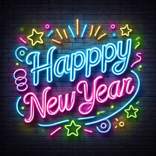 DALL·E 2024-12-31 20.51.26 - A neon light design displaying the text 'HAPPY NEW YEAR' in vibrant, multicolored neon tubes. The background is a dark, textured wall to enhance the b