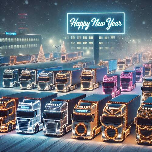 DALL·E 2024-12-31 20.37.12 - A snowy cityscape at night, filled exclusively with trucks decorated for the New Year. The trucks are brightly adorned with lights, garlands, and fest